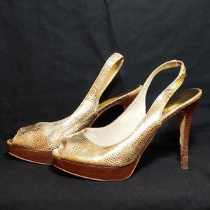 Gold Michael Kors Peep Toes Open Back Sling Back Stiletto Snake Skin Heels